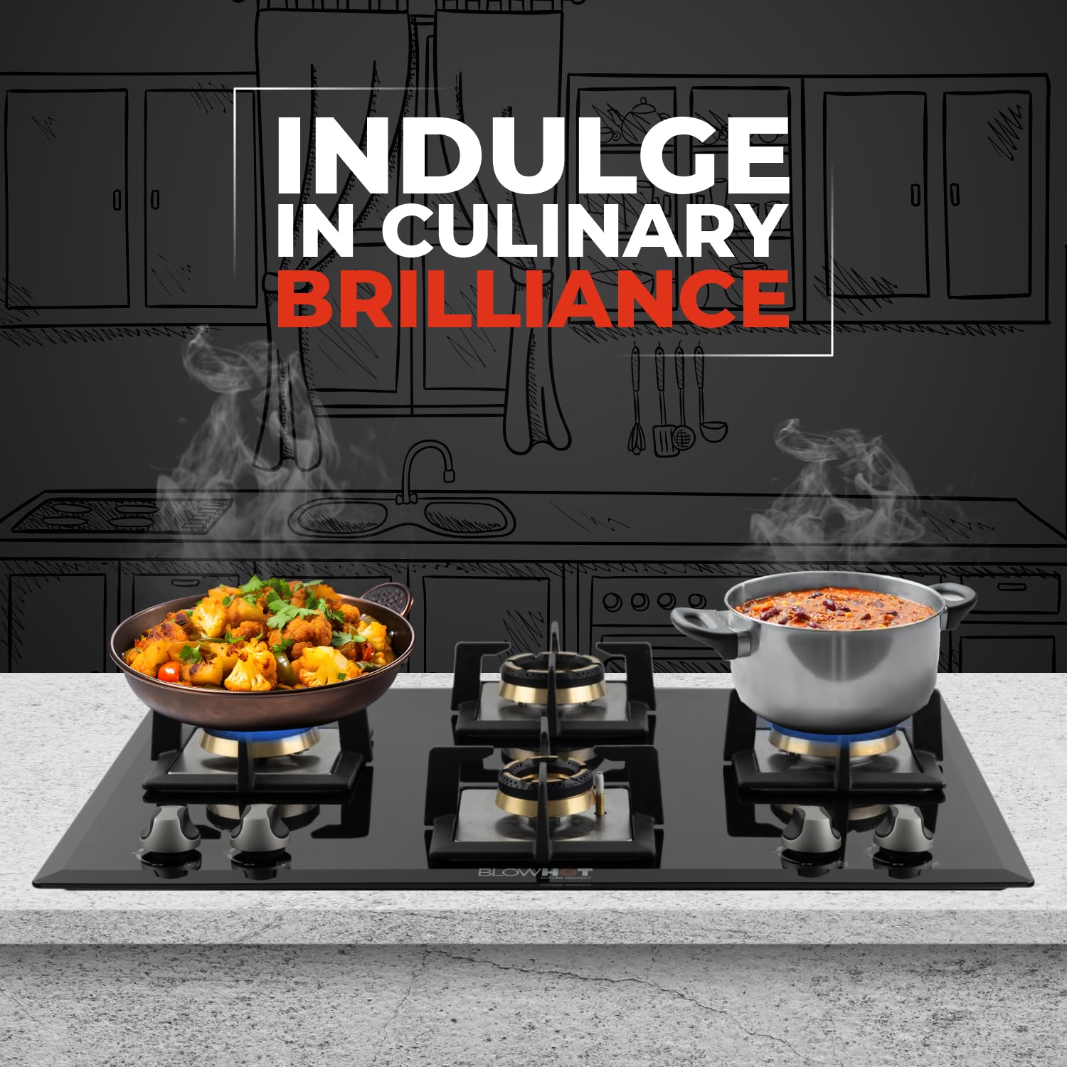 BLOWHOT Pluton 4 Burner Battery Operated Built - In Gas Hob Heavy Brass Burners With Brass Base 70cm Toughened Glass Top, One 100mm Triple Ring, Two 90mm Double Ring, One 70mm Brass Burner - Black